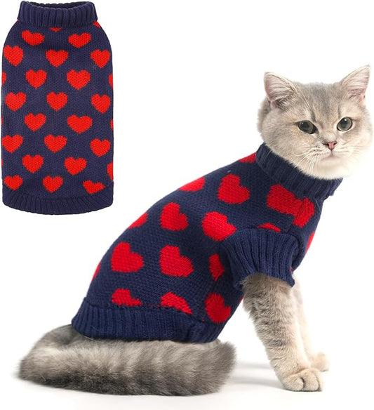 KOOLTAIL Cat Sweater Turtleneck- Soft Knit Sweaters for Cats Only, Christmas Red Heart Love Pattern Thick Warm Cold Weather Clothes for Small Medium Large Size Kitten Puppy Navy L