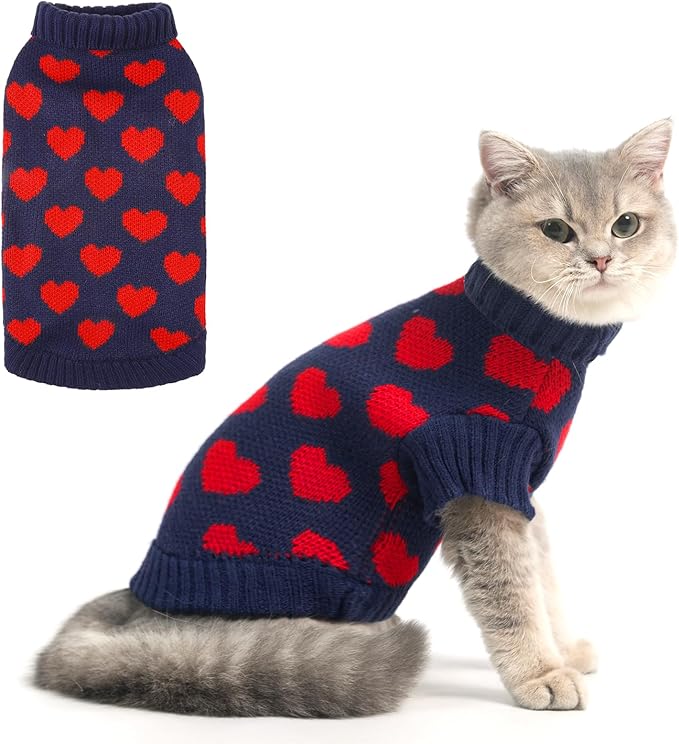 KOOLTAIL Cat Sweater Turtleneck- Soft Knit Cat Sweaters for Cats Only, Cat Christmas Sweater Red Heart Love Pattern Thick Warm Cold Weather Clothes for Small Medium Large Size Kitten Puppy Navy M