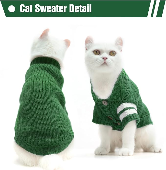EXPAWLORER Cat Sweater Cardigan - Stylish Knitted Cat Clothes, British Style Soft Puppy Sweater with Sleeve Warm Pet Clothing Knitwear, Fall and Winter Kitten Coat for Girl Boy Cats, Green Medium