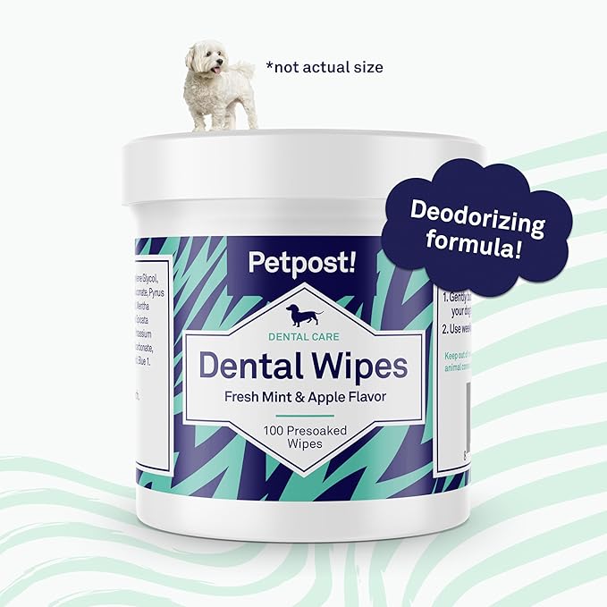 Petpost Dental Wipes for Dogs | 100 Count Presoaked Pads in Natural Tooth Cleaning Solution | Bad Breath and Tooth Buildup Remover