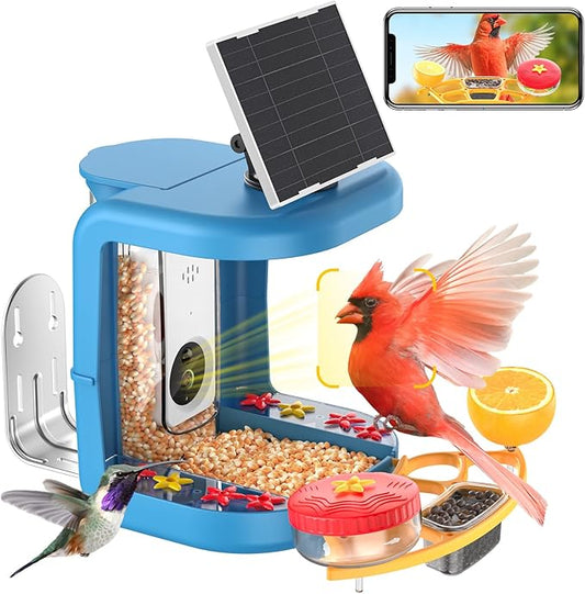 Solar-Powered Smart Bird Feeder with Camera Solar Powered,2K Video Recording, Auto Bird ID & Extensive DIY Accessories,2 in 1 Hummingbird Feeder Camera Ideal Present for Bird Lovers (Blue)