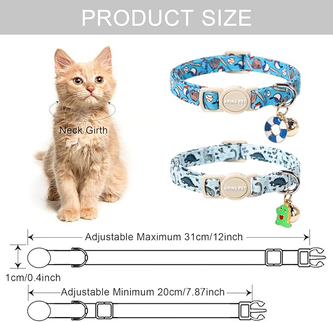 ARING PET 2 Pack Cat Collar-Cute Kitty Collars with Bell & Pendant, Adjustable Dinosaur&Baseball Kitten Collars with Safety Buckle for Girl and Boy Pets