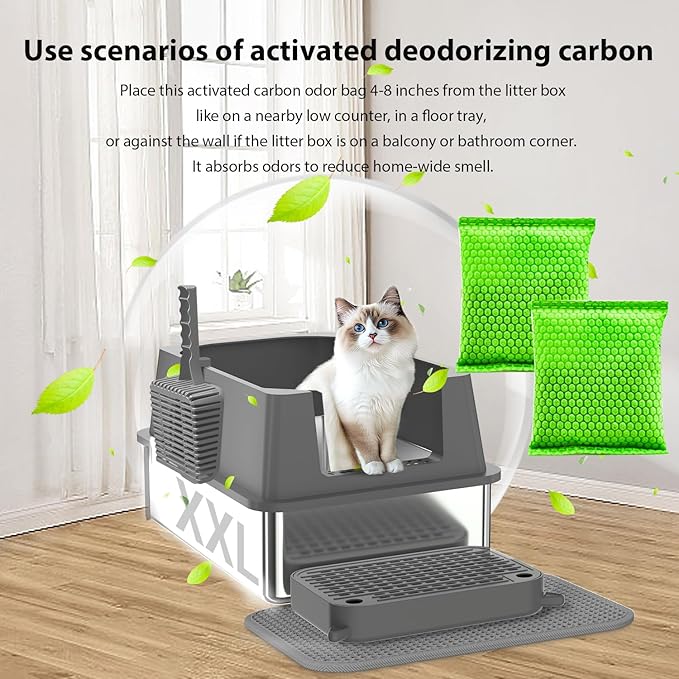 Extra Large Stainless Steel Cat Litter Box with High Sided Walls for Big Cats, Anti Urine Leakage, Odorless and Easy Cleaning, for Healthy Cats, Includes Foot Pad & Scoop - XXL Litter Box