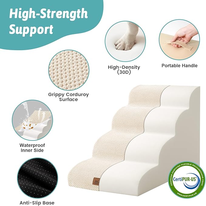 Wide Dog Stairs for Small Dog 19.7" H, Pet Step for Puppy, Older Cat, Curved Ramp for High Bed or Car, Stairs with High Density Foam, Lightweight, Durable, 4 Step, 17.7x28x19.7 inch, Beige