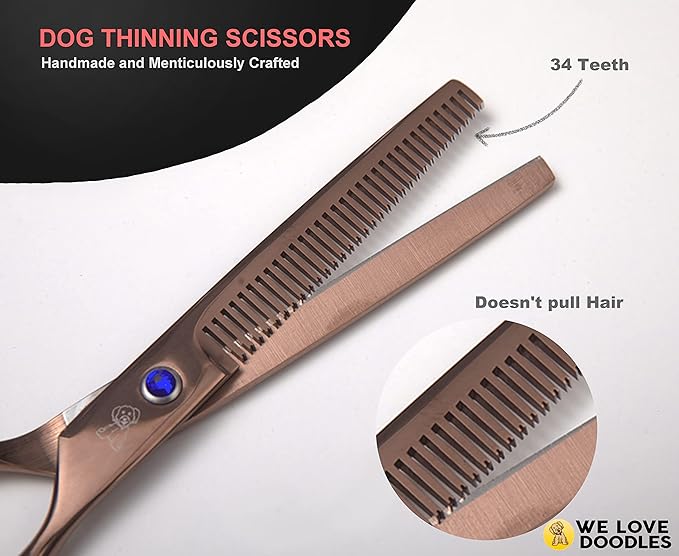 Dog Grooming Scissors Kit - Best Tools For Goldendoodles, Poodles & Doodles - Straight, Curved & Thinning Shears - Golden Doodle Grooming Kit - Professional Grade Steel, 4 Pc Set [We Love Doodles]