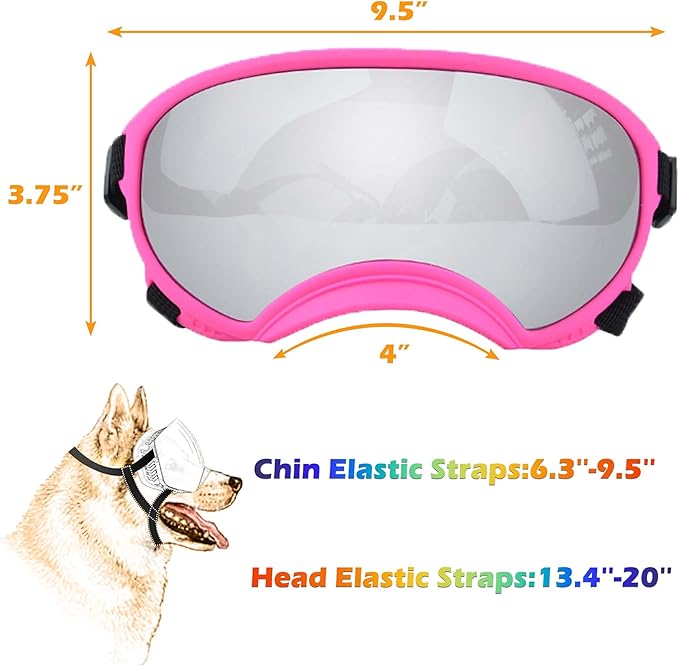 Large Dog Sunglasses with Adjustable Strap UV Protection, Winproof Puppy Sunglasses, Suitable for Medium-Large Pet Glasses, Dogs Eyes Soft Goggles, PinkSilver, (YD-23032706)