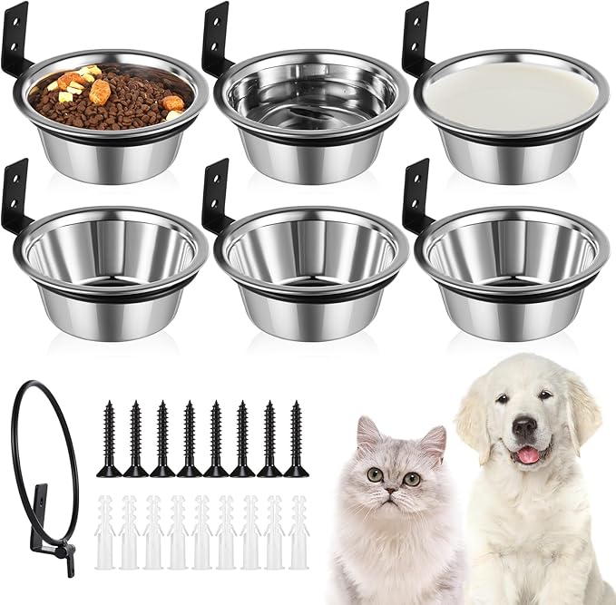 Dandat 6 Pack Elevated Dog Bowls 25 oz Wall Mounted Bowl Stainless Steel Adjustable Height Raised Puppy Metal Food and Water Bowls for Cat, Puppy, and Dogs