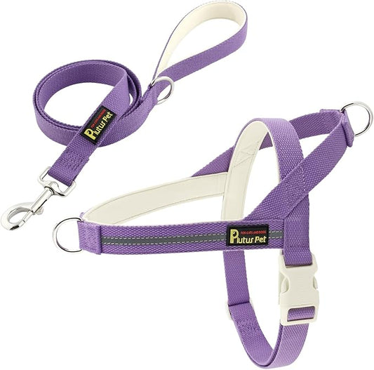 Plutus Pet Cotton Dog Harness and Leash Set, Reflective and Soft Padded, Quick Fit Vest Harness, for Small, Medium and Large Dogs, Medium Purple, M