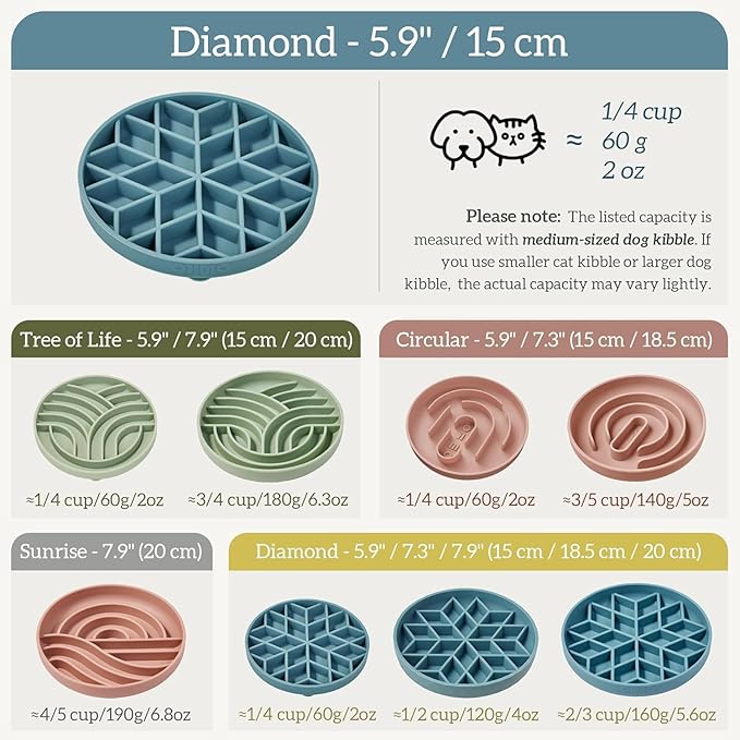 OHMO Slow Feeder Dog& Cat Bowl, Silicone Puppy Cat Food Bowl with Anti-Slip Suction Cup Slow Down Small Dogs Eating, Anti Choking (S-Diamond,Coral)