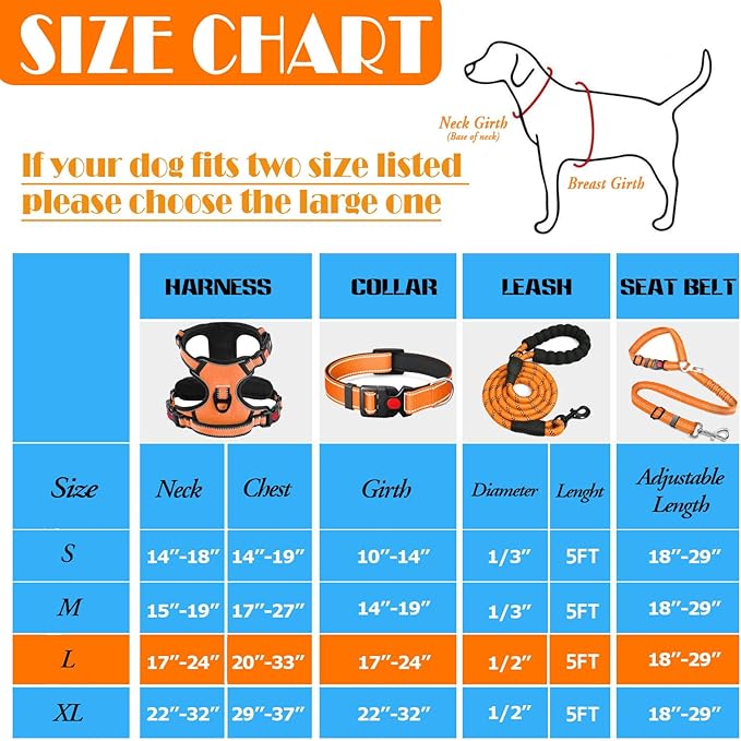 No Pull Dog Harness, Collar & Leash Set | Includes Dog Seat Belt, Collapsible Bowls & Poop Bag Dispenser. Ideal for Training, Walking, Hiking. Fits Small to Large Dogs(Orange-L)