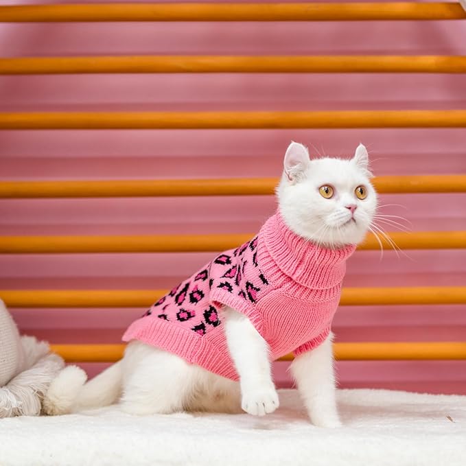 Mihachi Winter Warm Cat Sweater Turtleneck Puppy Pets Sweater Knit Vest Fashion Leopard for Cats Puppy Small Animals Pink Large