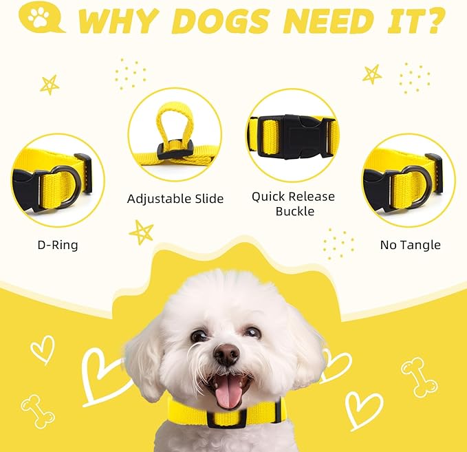 Yellow Dog Collar and Leash Set for Medium Size Dog, Breathable, Anti-Odor & Soft, Comfortable for Sensitive Skin Puppies, 90% Bamboo Rayon, Adjustable Quick-Release Buckle Pet Collar