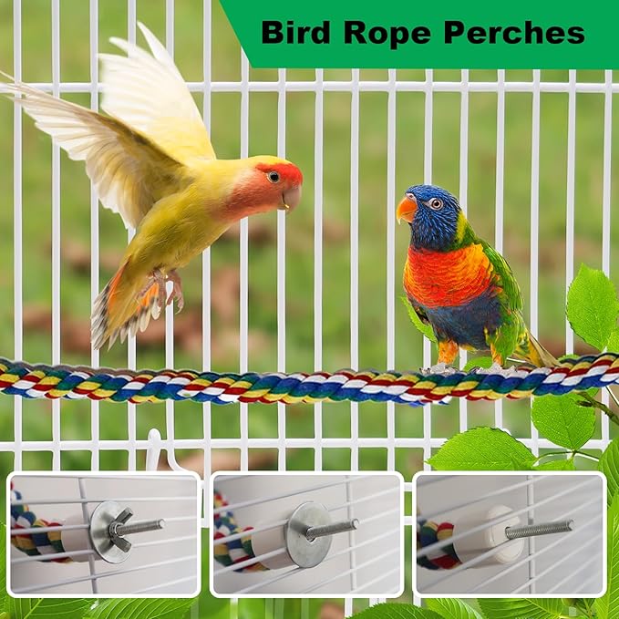 24 Inch Bird Perch Rope with 360° Free Rotating Stand, 0.8 Inch Diameter Natural Cotton Rope Perch for Parakeets, Cockatiels, Parrots, Conures - Safe, Durable Bird Cage Accessory for Chewing & Resting
