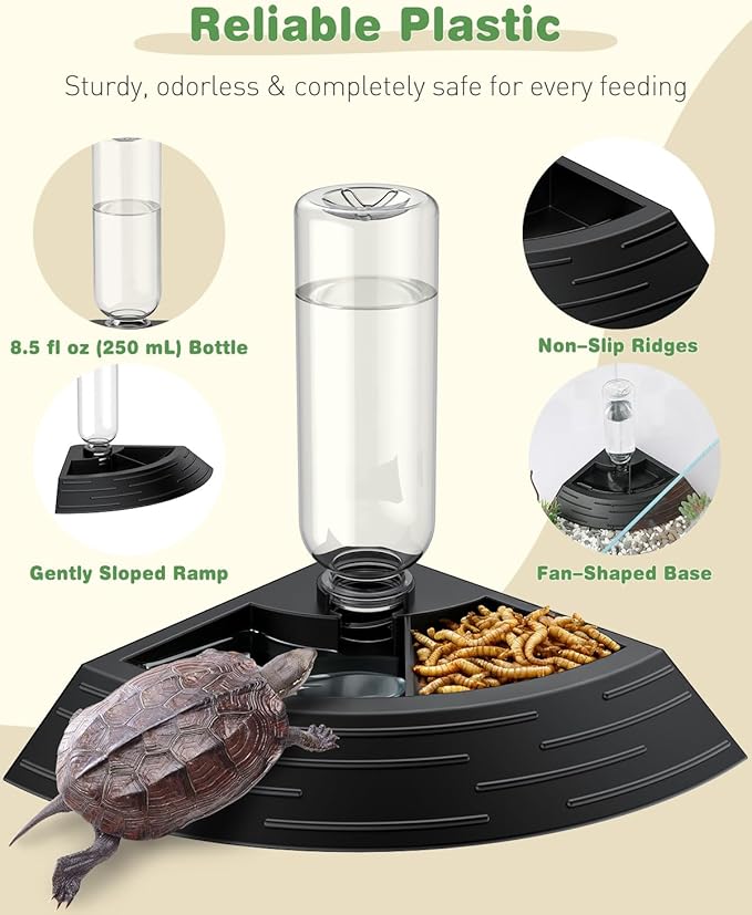 Pawfly Reptile Water Bowl, Tortoise Water Dish, Bearded Dragon Water Bowl, Reptile Food Feeder, Automatic Water Dispenser, Feeding Accessories for Turtle, Gecko, Lizard & Chameleon, Black