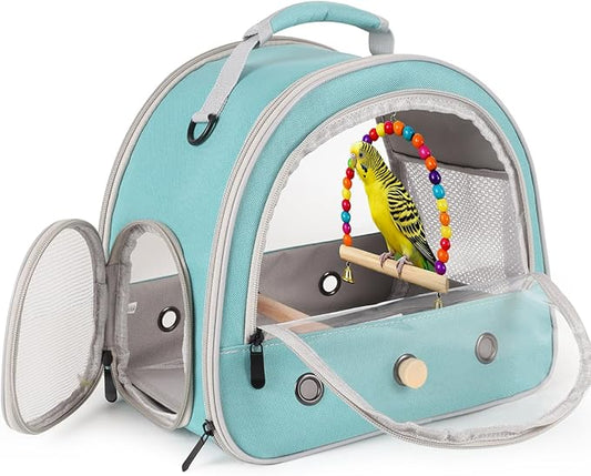 Portable Parrot Travel Cage Carrier with Small Swing Toy&Cage Colorful Toys Set Small Bird Parakeet Bag with Standing Perch Bird Carry Transport Bag (Green, Carreir/Swing)