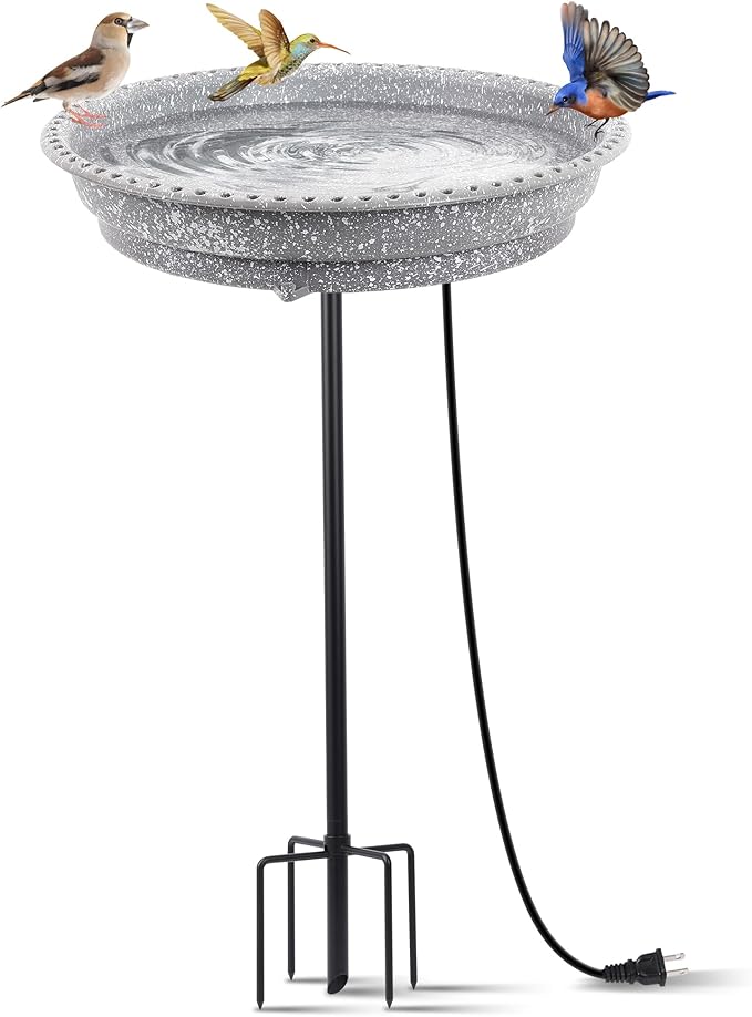 Heated Bird Bath for Outdoors for Winter, 75W Bird Bath Water Heater Bird Bath Deicer,Deep Bowl Thermostatic Control Weather Resistance Available with Stable Metal Pole for All Seasons(Grey)