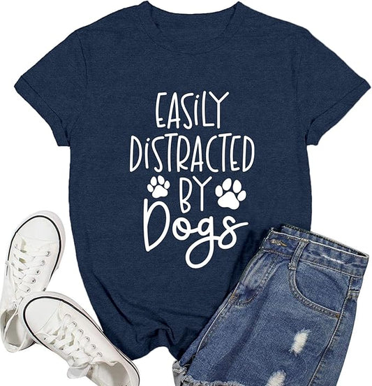Women Dog Shirts Easily Distracted by Dogs T-Shirt Dog Mom Paw Print Tee Tops