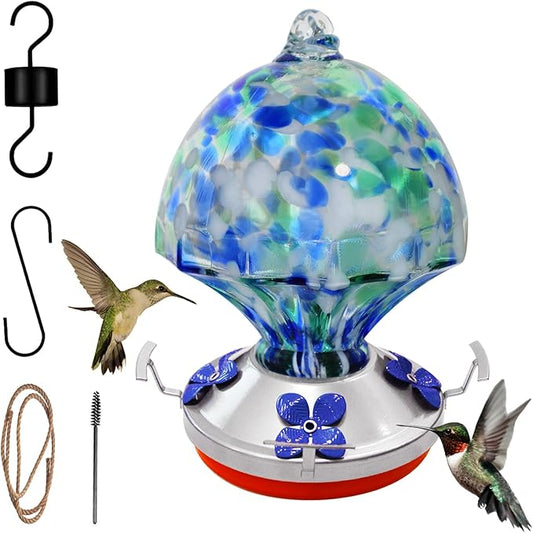 Glass Hummingbird Feeder with Ant Moat 25.4 OZ Large Capacity Hand Blown Glass Blue Hanging Wild Bird Feeder for Backyard Garden Outdoors Decorations with Hook Brush Birds Lovers Gift