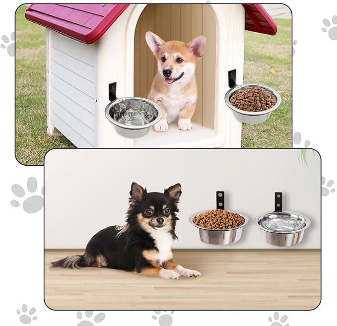 Hamiledyi 2 Pack Wall Mounted Elevated Dog Bowls - Adjustable Height Stainless Steel Raised Food & Water Bowls with Collapsible Stand for Medium & Large Dogs & Cats (S)