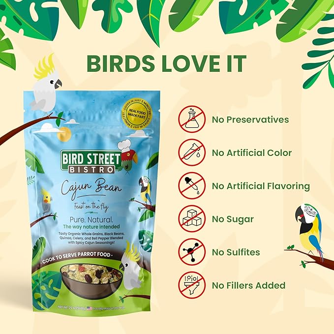 Parrot Parakeet Cockatiel Food - Bird Food - Cooks in 3-15 min with Natural & Organic Grains - Legumes - Non-GMO Fruits, Vegetables, & Health Orientated Spices (4.00 Pound (Pack of 1), Cajun Bean)