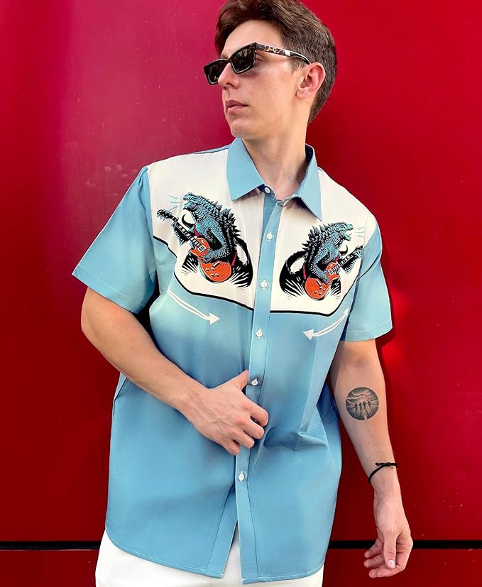 Men’s Hawaiian Shirt Western Cowboy Symmetrical Print Short Sleeve Button Down Casual Beach Holiday Summer Shirt