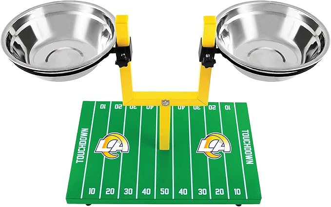 NFL Los Angeles Rams Goalpost Football Field Dog Feeder – Adjustable Elevated Dog Bowls with Stand, 2 Stainless Steel Bowls, Non-Slip Rubber Feet, Raised Pet Feeder for Large & Small Dogs, Cats.
