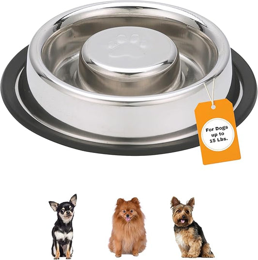 Neater Pet Brands Stainless Steel Slow Feed Bowl - Non-Tip & Non-Skid - Stops Dog Food Gulping, Bloat, Indigestion, and Rapid Eating (.75 Cup)