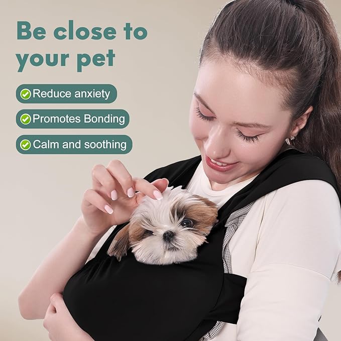 Supet Dog Sling Carrier for Small Pets, Hands Free Cat Sling, Reducing Back Neck Pain Anti-Anxiety Puppy Front, Adjustable Soft Dog Carrying (Black, Regular)
