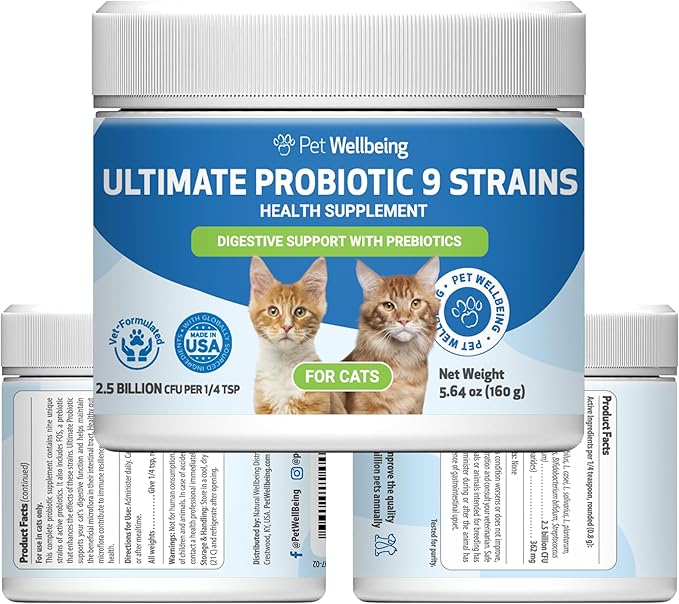 Pet Wellbeing Ultimate Probiotic 9 Strains with Prebiotics for Cats - Supports the Gut Microbiome and Digestion, Immune System Care, Urinary Tract Health, FOS, 2.5 billion CFU - 5.64 oz (160 g) Powder