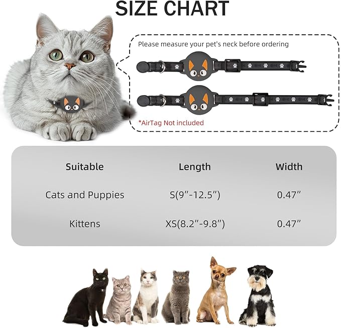 Airtag Cat Collar Breakaway, Reflective Kitten Collar with Apple Air Tag Holder and Bell for Girl Boy Cats, Lightweight Cat Collars for Apple AirTag, Hidden GPS Tracker Holder for Cats, Black (9-13")