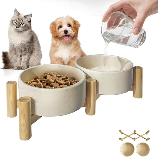 Elevated Dog Bowl & Cat Dish 27oz – Raised Ceramic Pet Food and Water Bowls with Bamboo Stand, Feeding Station for Small & Medium Pets, Prevents Neck Strain – Durable, Premium Quality by Homish