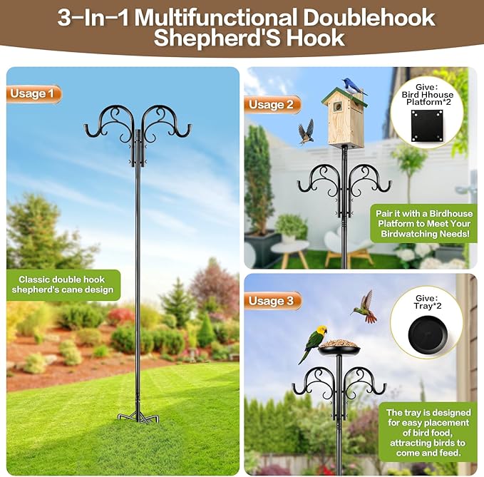 Double Shepherds Hooks for Outdoor Heavy Duty, Adjustable Shepherds Hook, 2 Pack 77 inch with 5 Prongs Base, Garden Hooks for Hanging Bird Feeders, Hanging Plants, Solar Light Lantern