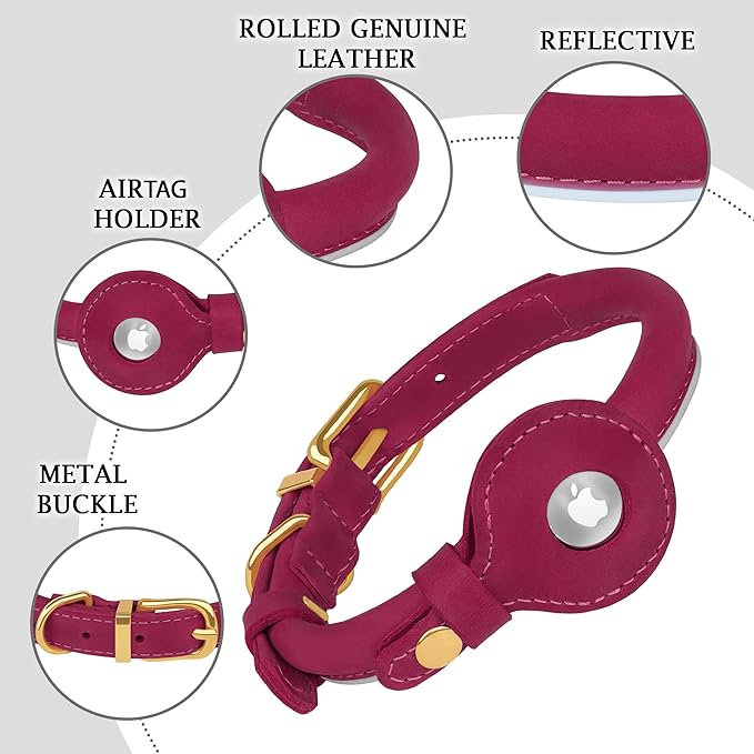 OOPSDOGGY Rolled Leather Dog Collar with Airtag Holder - Reflective Round Airtag Dog Collar - Soft Tracking Pet Collar for Small Dogs Puppy Cats Kitten (Pink, S, 10"-13")