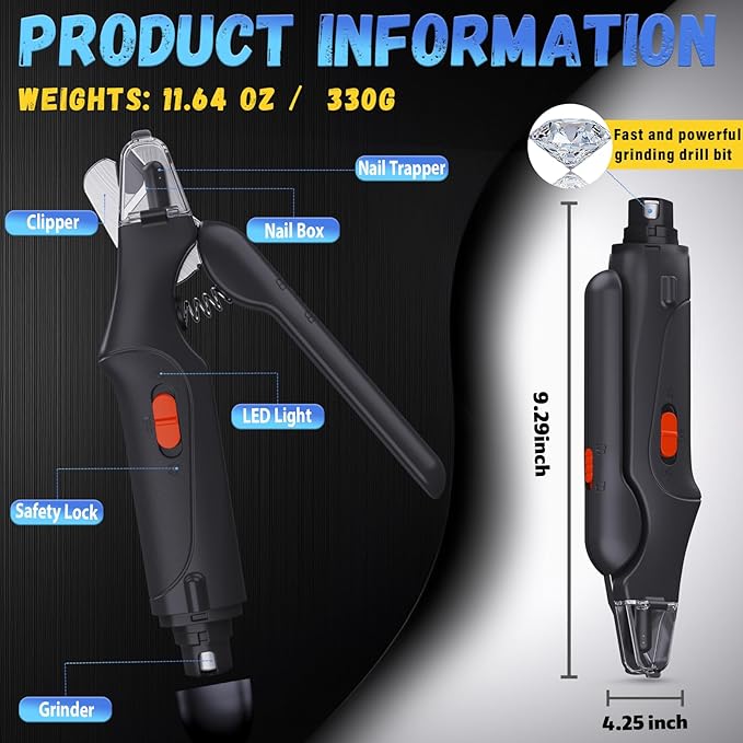 2-in-1 Cat Nail Grinder & Dog Nail Clippers Trimmers for Large Medium Small Dogs Cats Pets Claw Trimmer Quick Sensor and Safety Guard USB Rechargeable with 2 LED Lights