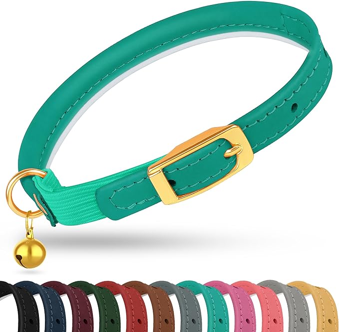 OOPSDOGGY Rolled Leather Cat Collar with Bell - Reflective Kitten Collar with Safety Elastic Strap - Adjustable Small Pet Collars for Boy Girl Cats (Teal)
