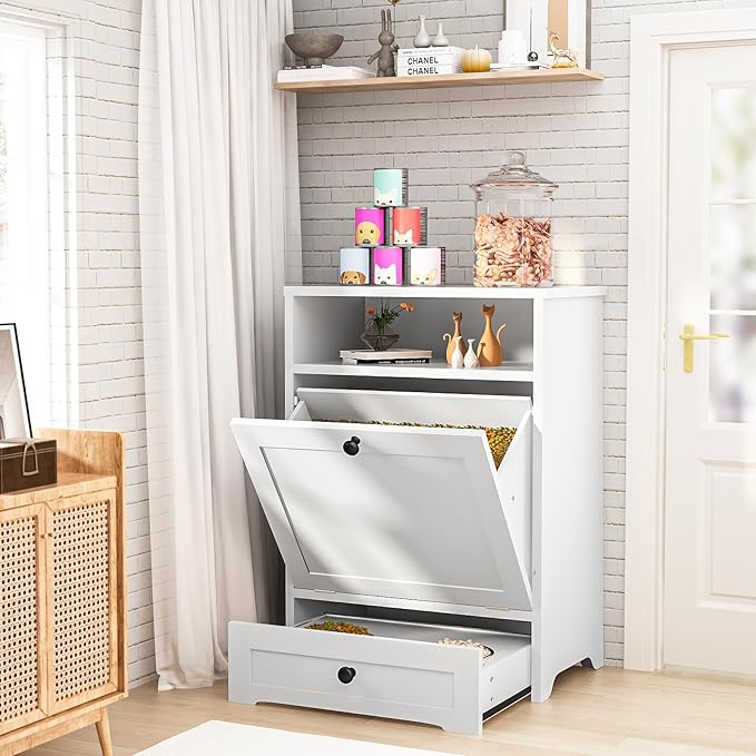 Dog Food Storage Cabinet and Feeding Station - Large Pet Food Organizer Furniture With Pull-Out Elevated 2 Sus304 Bowls for Feeding & Watering Supplies, White