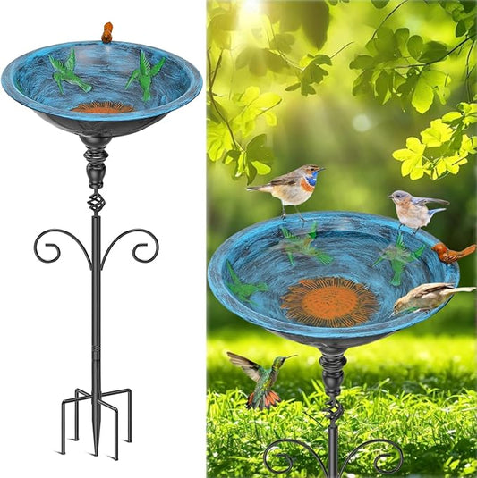 35In Tall Bird Bath for Outside, Vintage Metal Birdbaths & Birdfeeder with 5 Prong Bases for Outdoors, Freestanding Bird Baths Feeder Bowl with for Garden Yard Lawn Decor (Retro Blue)