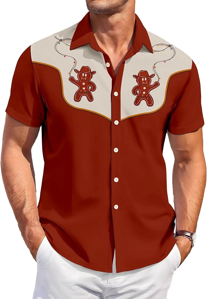 Men’s Hawaiian Shirt Western Cowboy Symmetrical Print Short Sleeve Button Down Casual Beach Holiday Summer Shirt