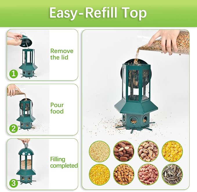 Professional Squirrel Proof Bird Feeders - Sorflife Large Capacity 5.06 lbs, Reliable and Rust Resistant Metal Bird Feeding Station for Prevents Squirrels from Stealing Food and Easy Refilling Green