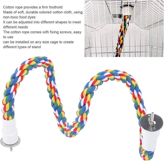 2PCS 60cm/23.6in Bird Rope Perch, 1.8cm Soft Cotton Parakeet Perches, Colorful Bird Cage Accessories with Fixing Screws for Birds to Chew and Stand On