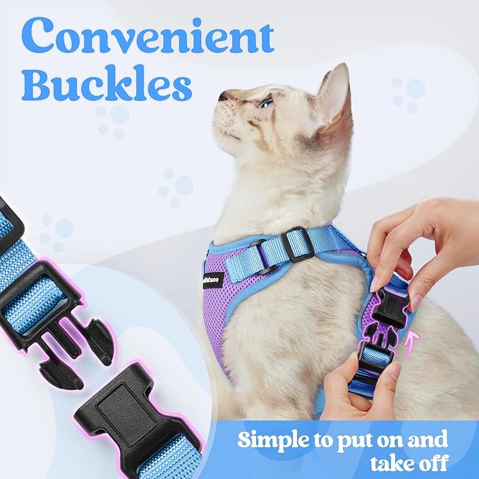 rabbitgoo Cat Harness and Leash Set, Escape Proof Soft Adjustable Vest Harnesses for Outdoor Walking, Easy Control Breathable Kitten Jacket with Reflective Strips, Purple & Blue, XS