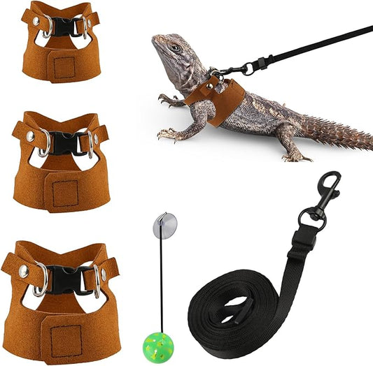5 Pack Bearded Dragon Harness and Leash Set Bearded Dragon Leash with Retractable, 3 Size Adjustable Soft Leather Harness, Toy Bell Balls for Reptiles Squirrel Lizard Chinchilla