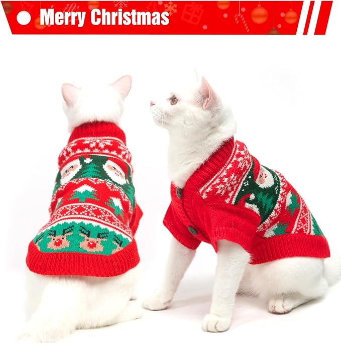 EXPAWLORER Cat Christmas Sweater - Stylish Knitted Christmas Pet Outfit, Soft Clothes for Cats Only, Knitwear Xmas Sweater with Sleeve Warm Apparel, Kitten Clothes for All Cats, Medium