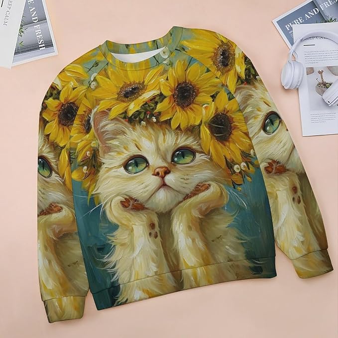 Long Sleeve Shirts for Women Cat Oil Painting Shirt 3D Graphic Sweatshirts Fall Pullover Crewneck Vintage Boho Tops