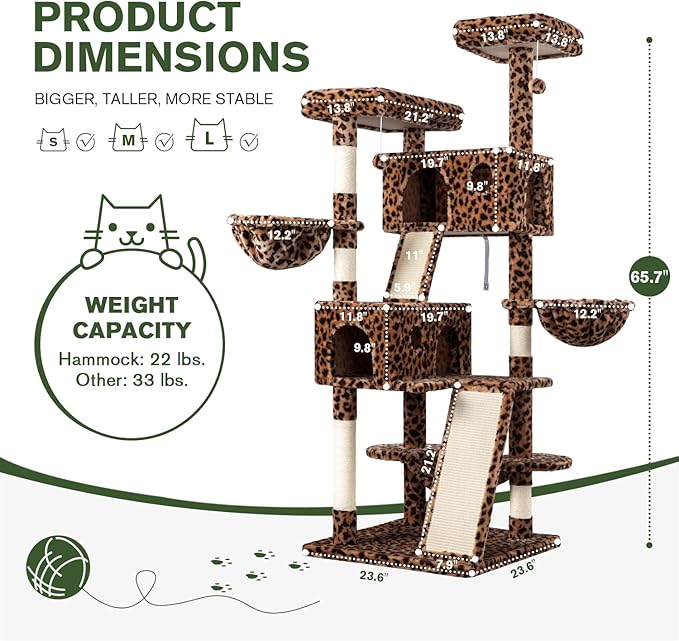 MUTICOR 66 Inches Multi-Level Large Cat Tree Tower for Indoor Big Feline/Cozy Plush Perches/Condo/Sisal Scratching Posts/Hammock and Baskets/Activity Center Play House/Wide Base/Leopard Print