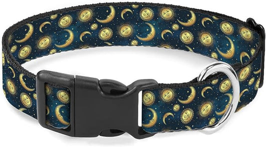 Gold Sun Moon Stars Dog Collar Pet Neck Strap for Small Medium Large Dogs Soft Adjustable Buckle