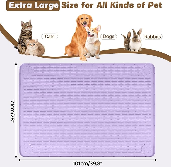 Cat Food Mat, 40" x 28" Extra Large Silicone Pet Feeding Mat with Raised Edge Pet Placemat for Food and Water Bowl Non-Slip, Easy to Clean, Floor Protection (Purple)