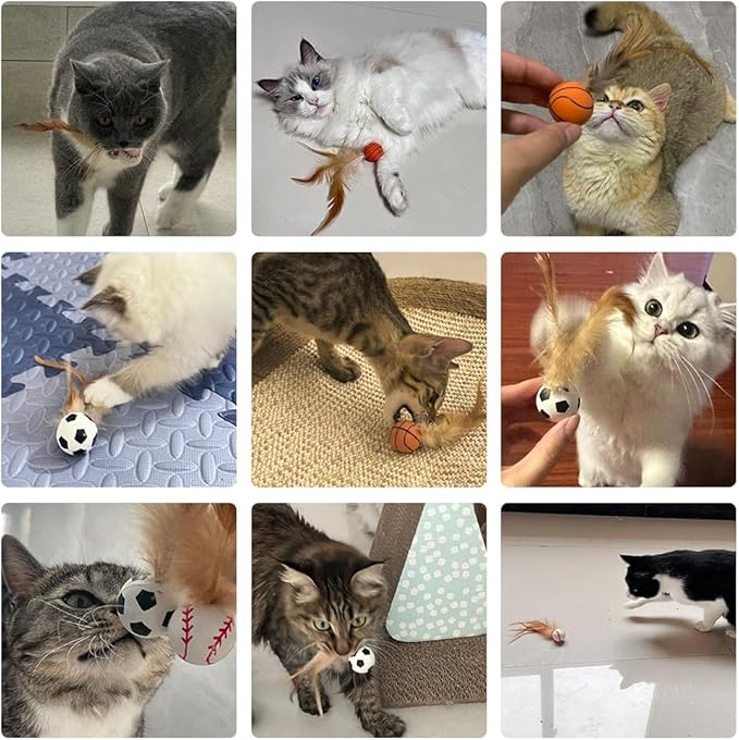 PAZ'S GIFT Interactive Cat Toys Set, 3 Piece Bouncing Badminton Ball with Feathers, Cat Chasing Exercise to Calm Down The kitten's Mood， Indoor Kitten Play