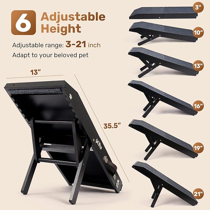 Wood Dog Ramp for Bed, 5-Level Adjustable Height (10" to 21") Pet Ramp with Non-Slip Surface for Couch, Bed and Car, Foldable Dog Ramp for Small, Medium to Large Dogs, Up to 200LBS