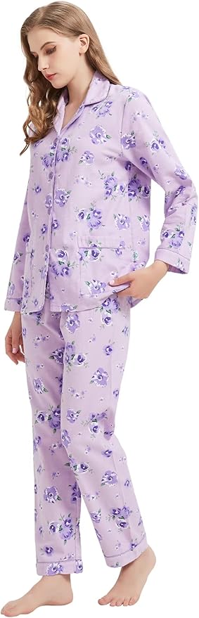 GLOBAL Flannel Pajamas for Women 2-Piece Comfy and Cozy Flannel Pj Set Cotton Loungwear
